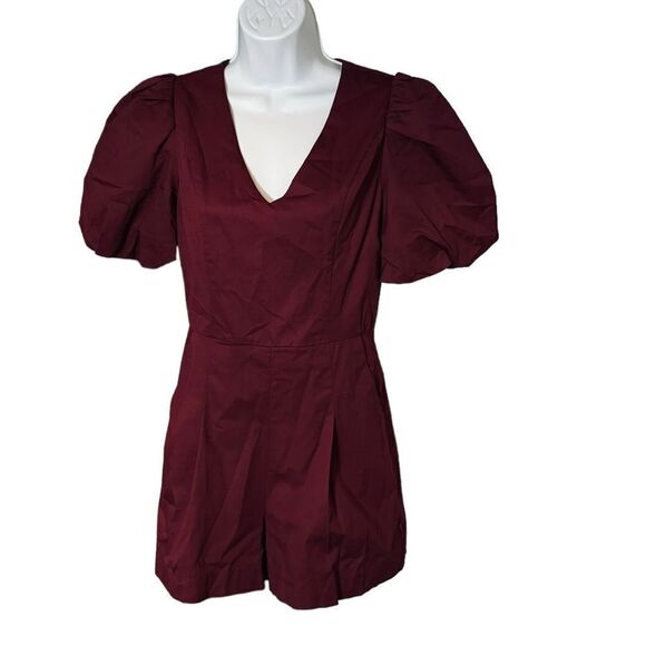 THE PANTS STORE. BALLOON SLEEVE WOMEN’S SMALL BURGUNDY ROMPER WITH POCKETS. - Picture 1 of 11